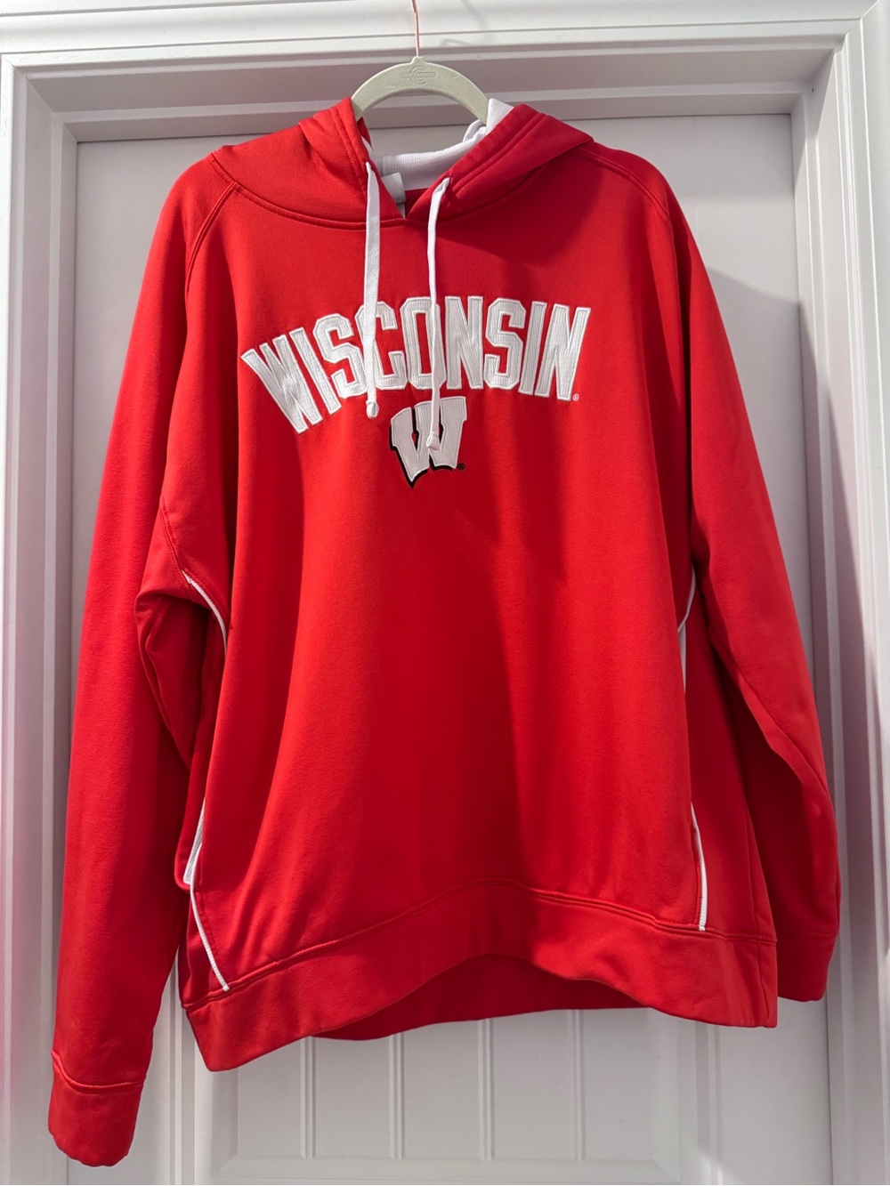 Wisconsin Red Hoodie with White Embroidered Lettering
